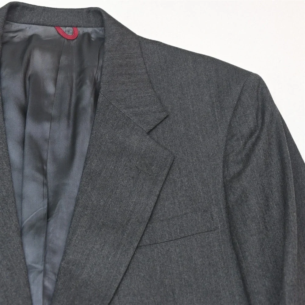 Vtg USA Made Jos A Bank 42L 36x34 Gray Herringbone 100% Wool Flannel Mens Suit